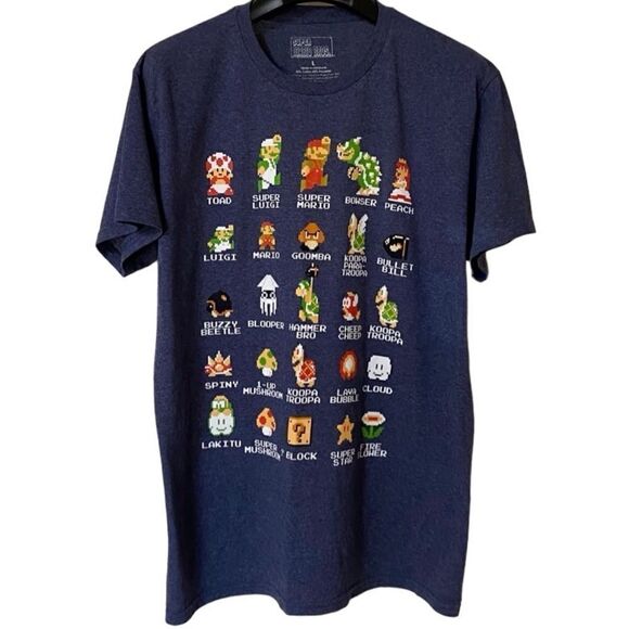 Nintendo Men’s Blue Super Mario Bros Character Guide Shirt Sz L - Picture 1 of 8